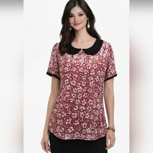 Adrienne Vittadini Red Floral Collared Blouse Short Sleeve Sz Large Womens